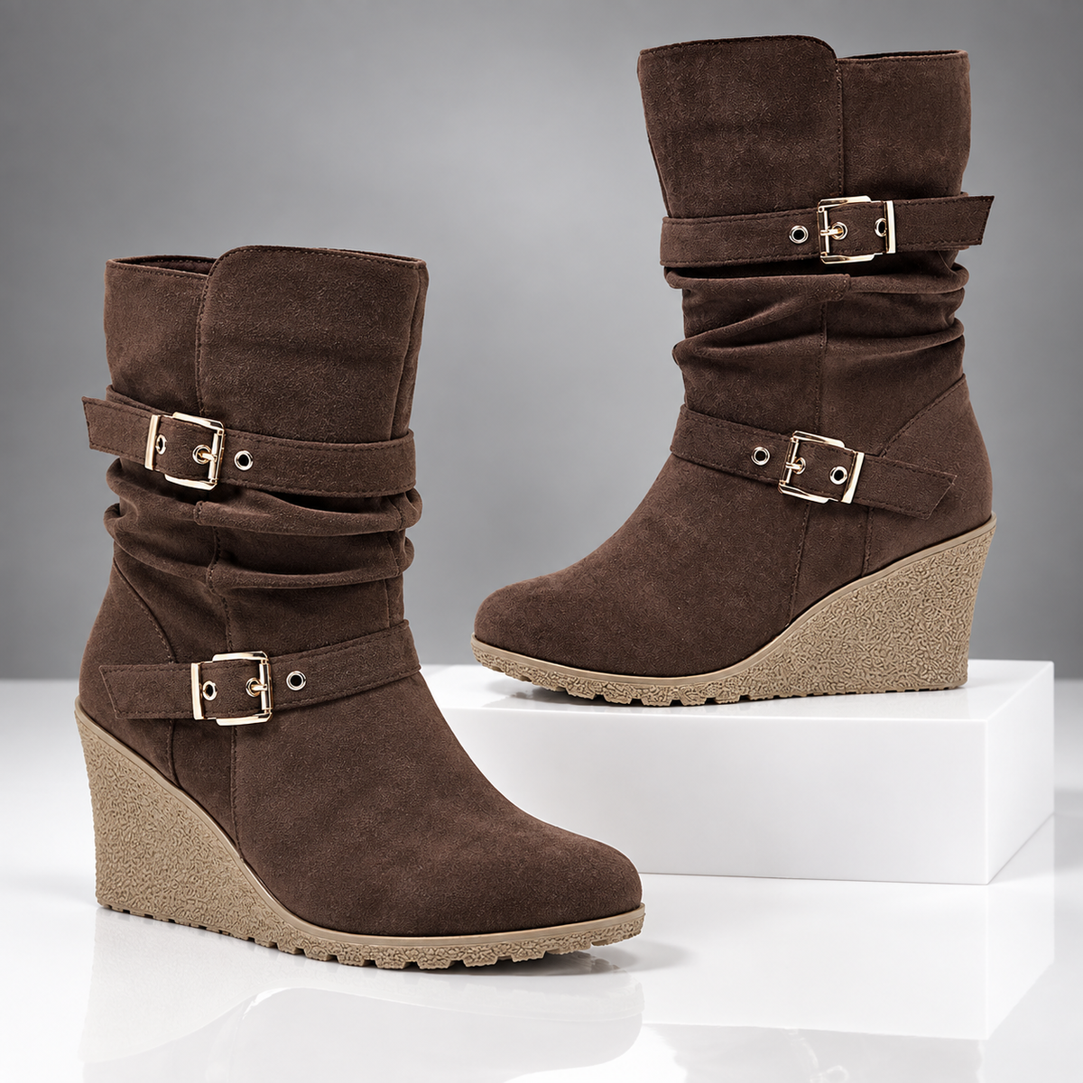 The Corinne Buckle Wedge Boots