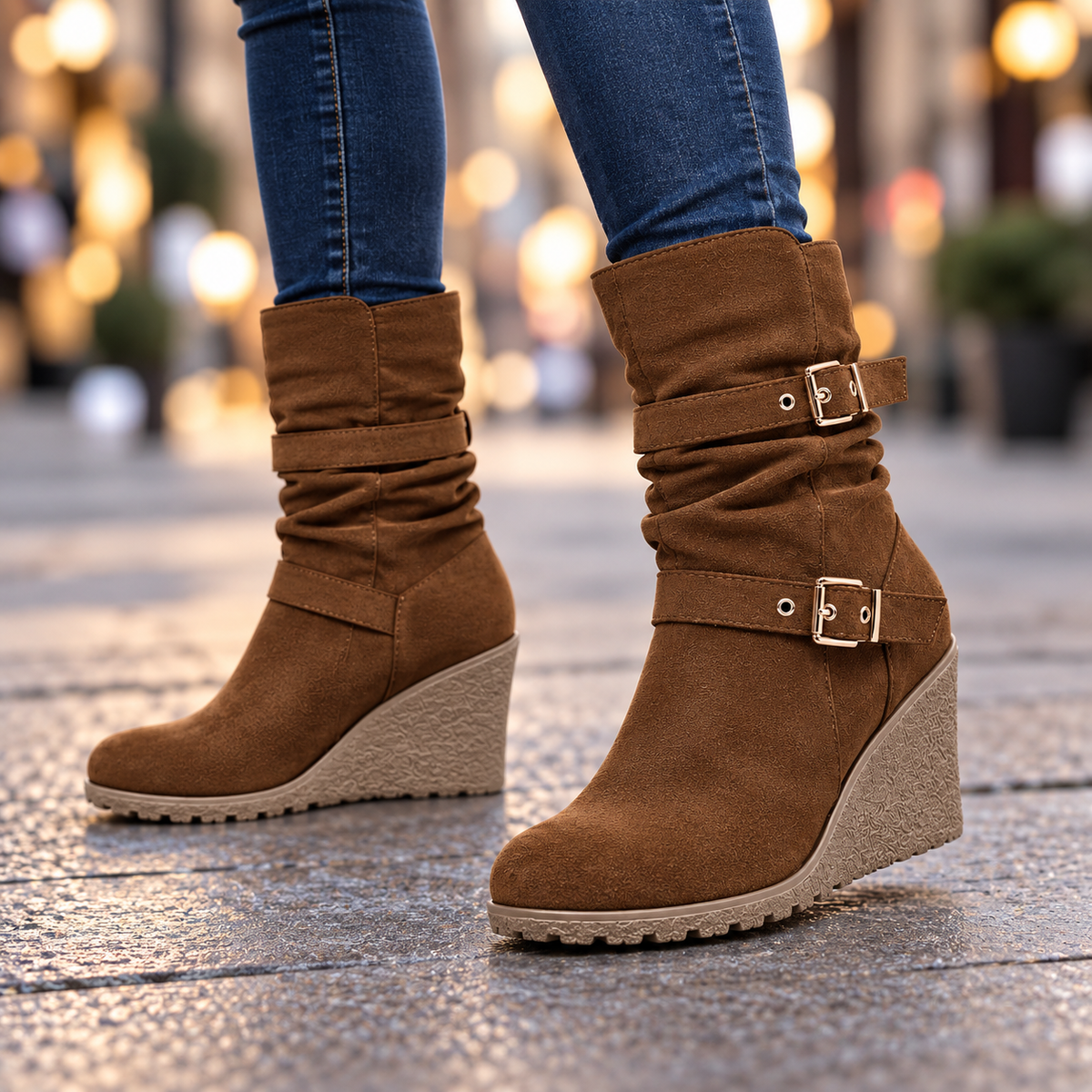 The Corinne Buckle Wedge Boots
