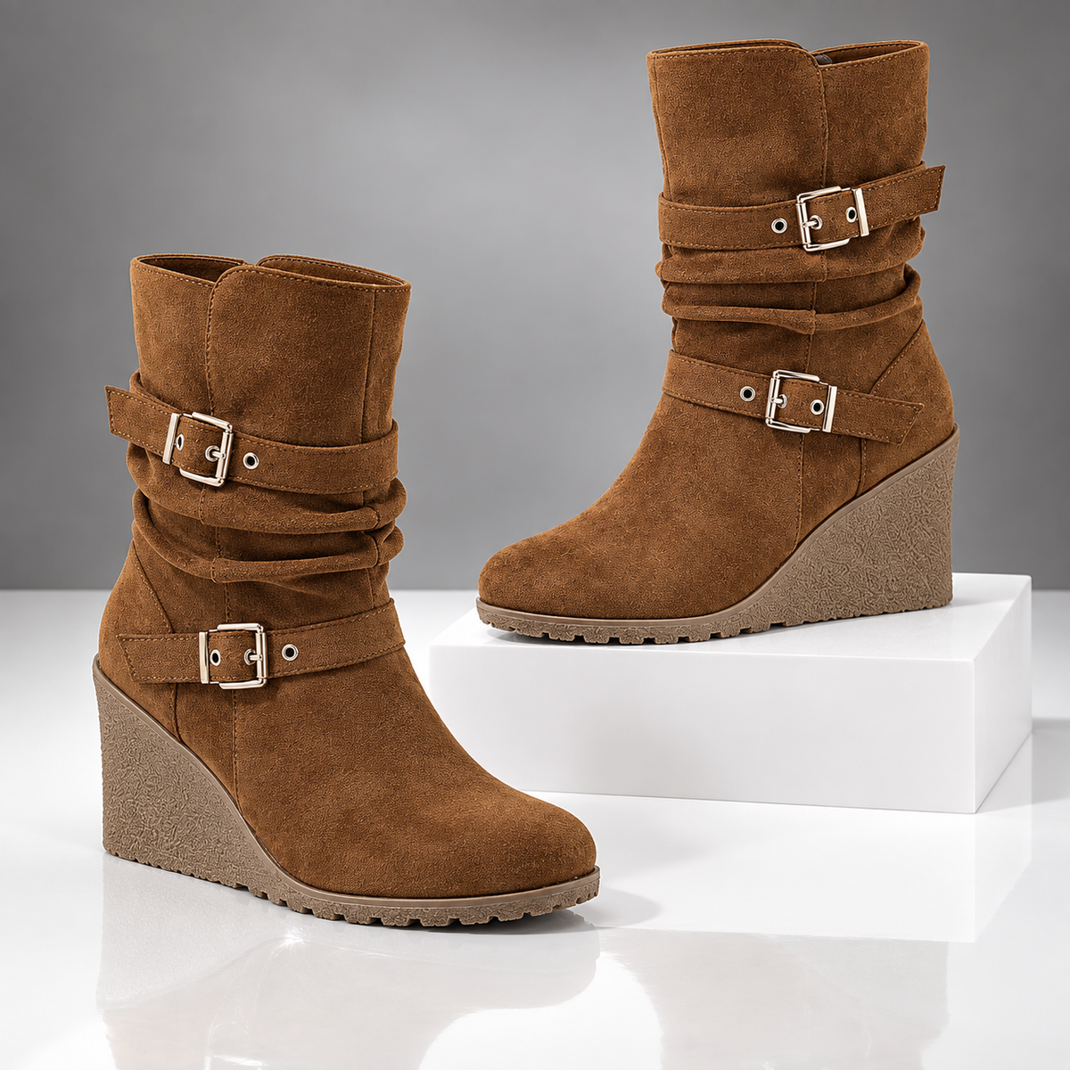 The Corinne Buckle Wedge Boots