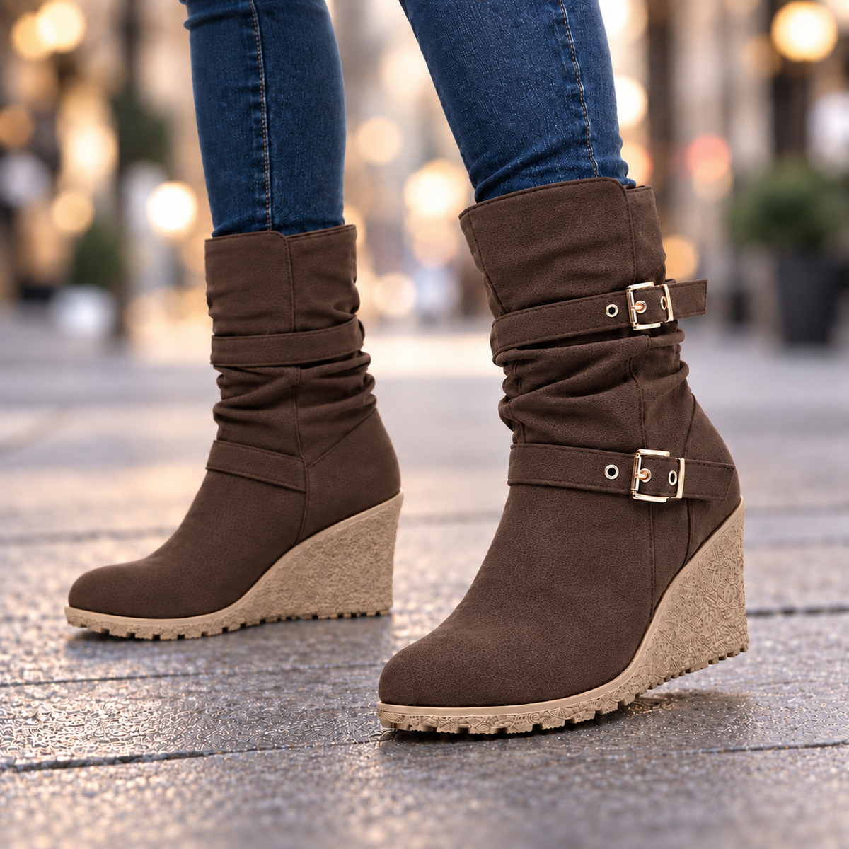 The Corinne Buckle Wedge Boots