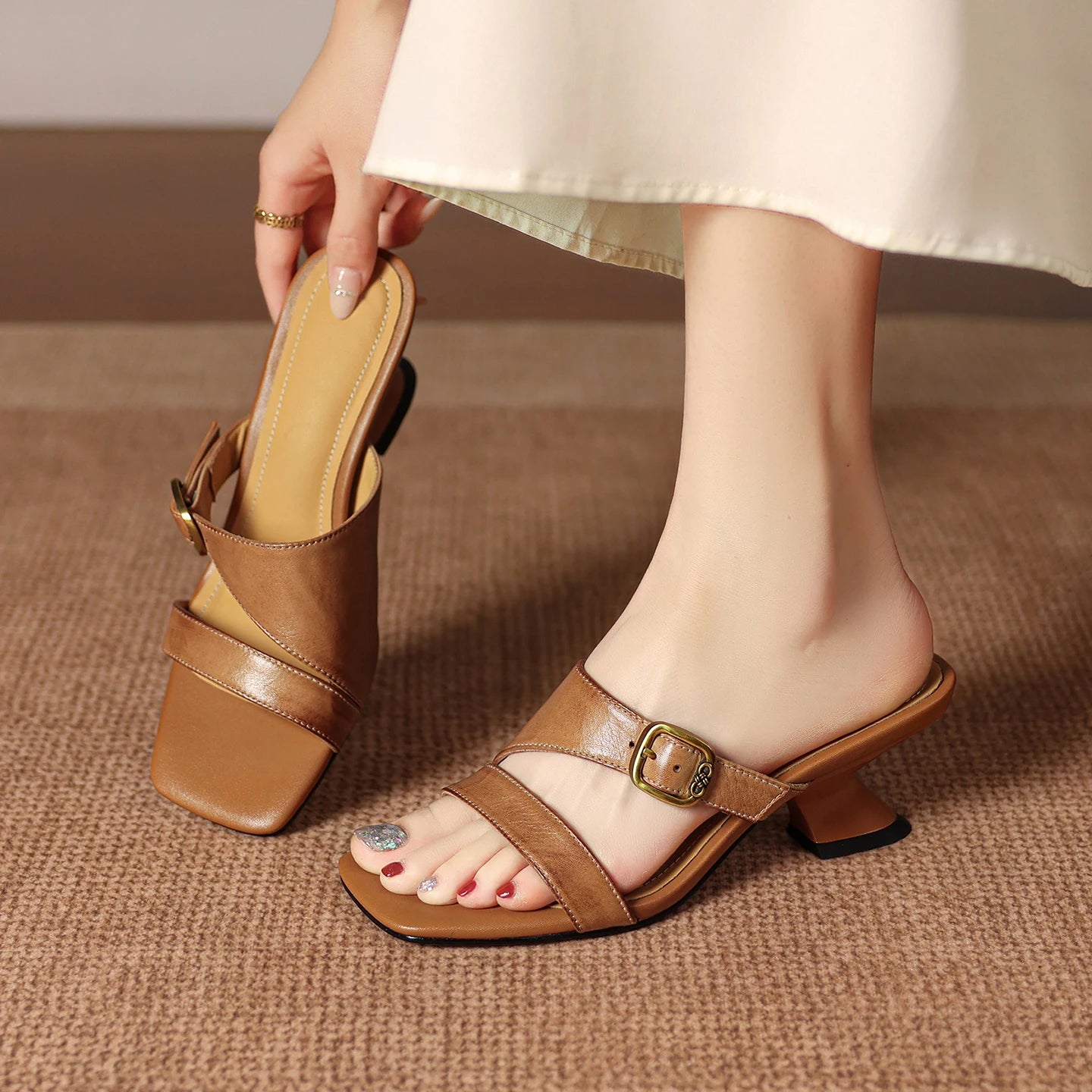 Klara Genuine Leather Buckle Mule